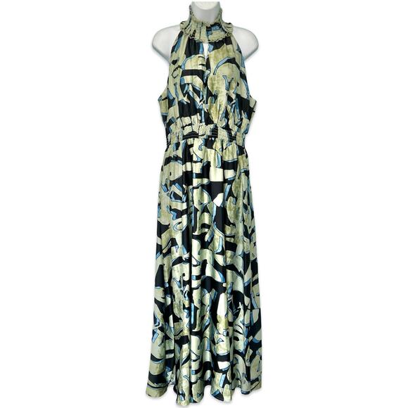 Melloday Green Blue Black Satin Abstract High Neck Maxi Dress size L NEW Tags - Picture 1 of 14